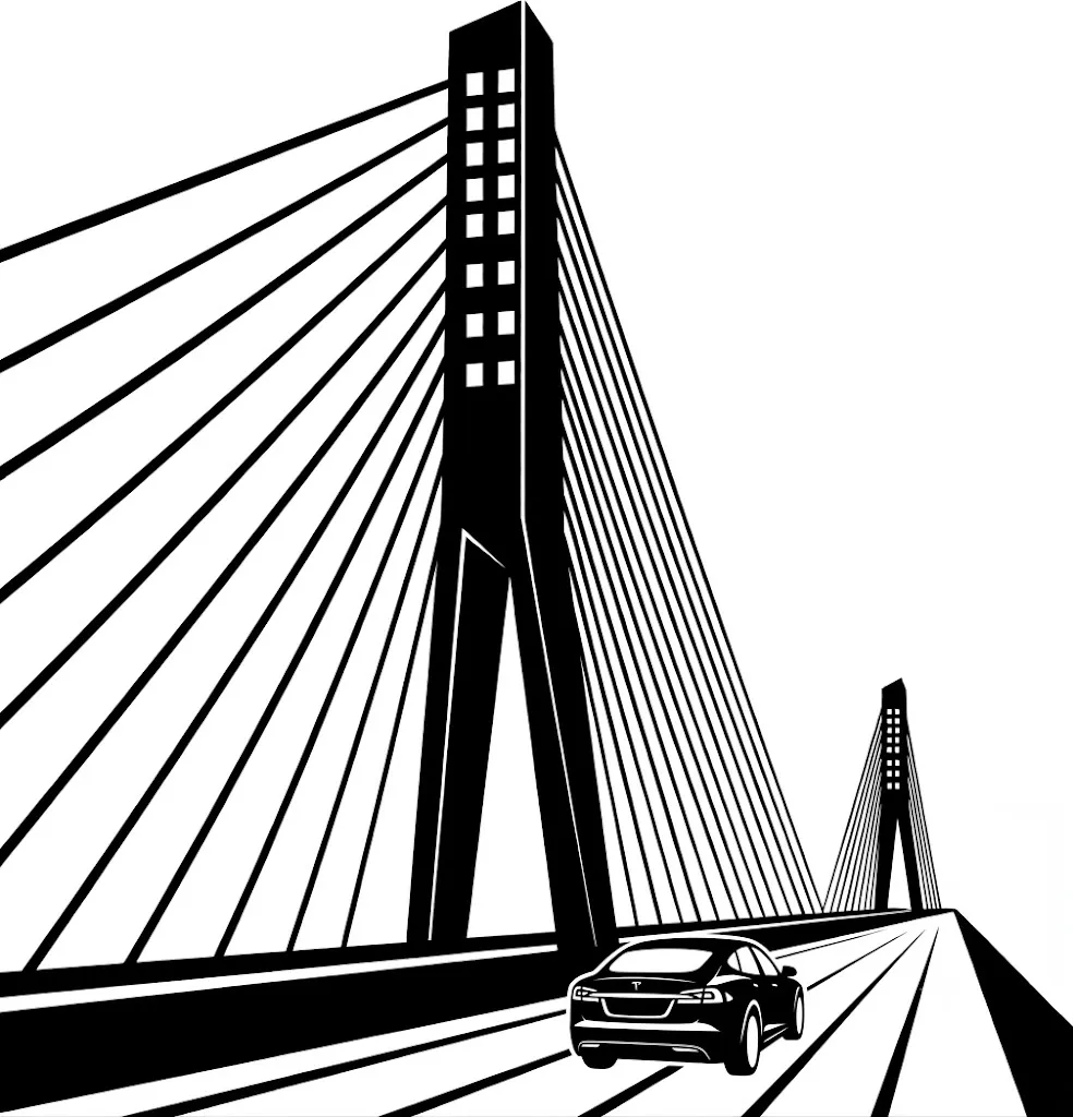Line illustration of a car crossing a cable-stayed suspension bridge, evoking the Sunshine Skyway Bridge in St. Petersburg, Florida